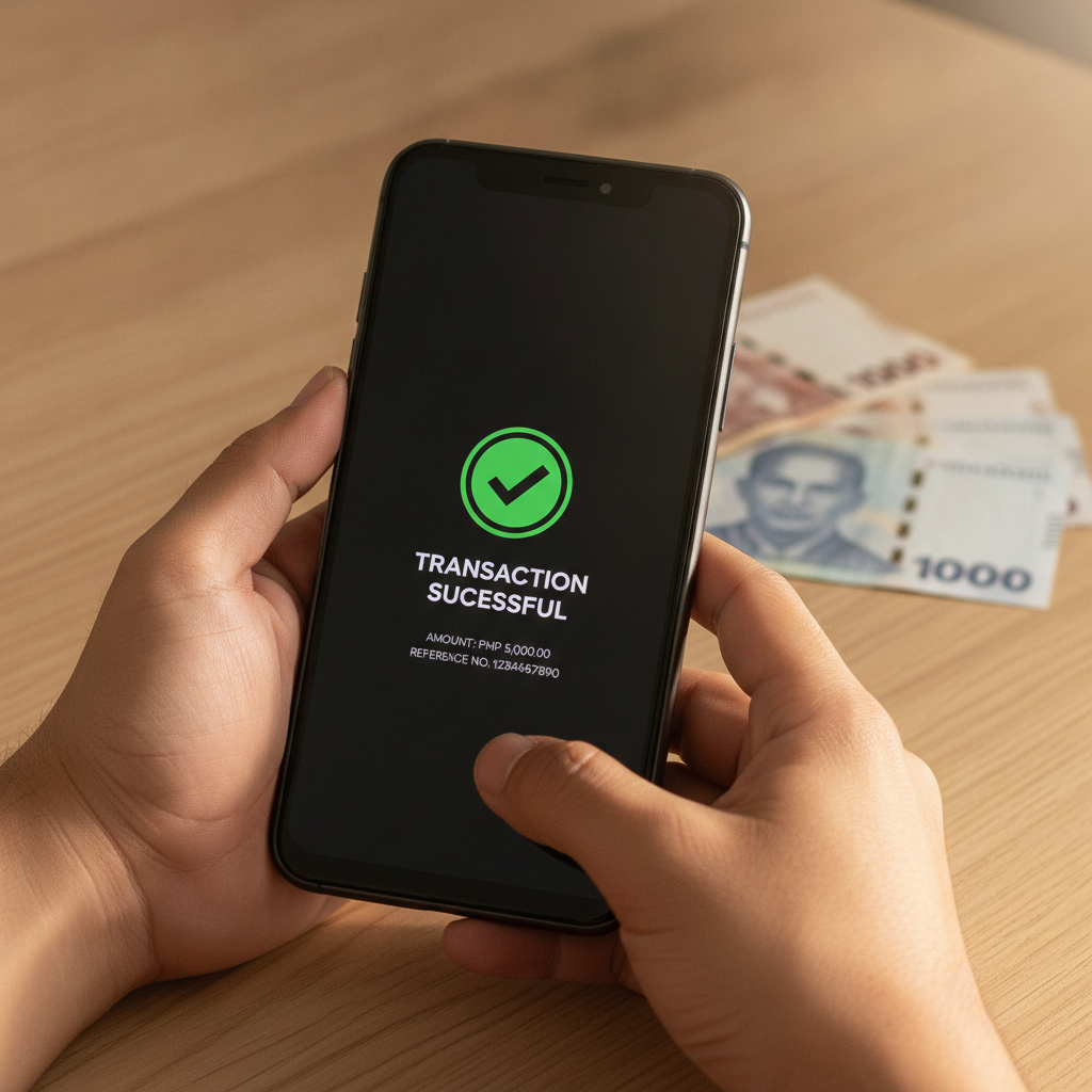Hands holding smartphone showing successful cash withdrawal confirmation for JD TITAN casino Philippines